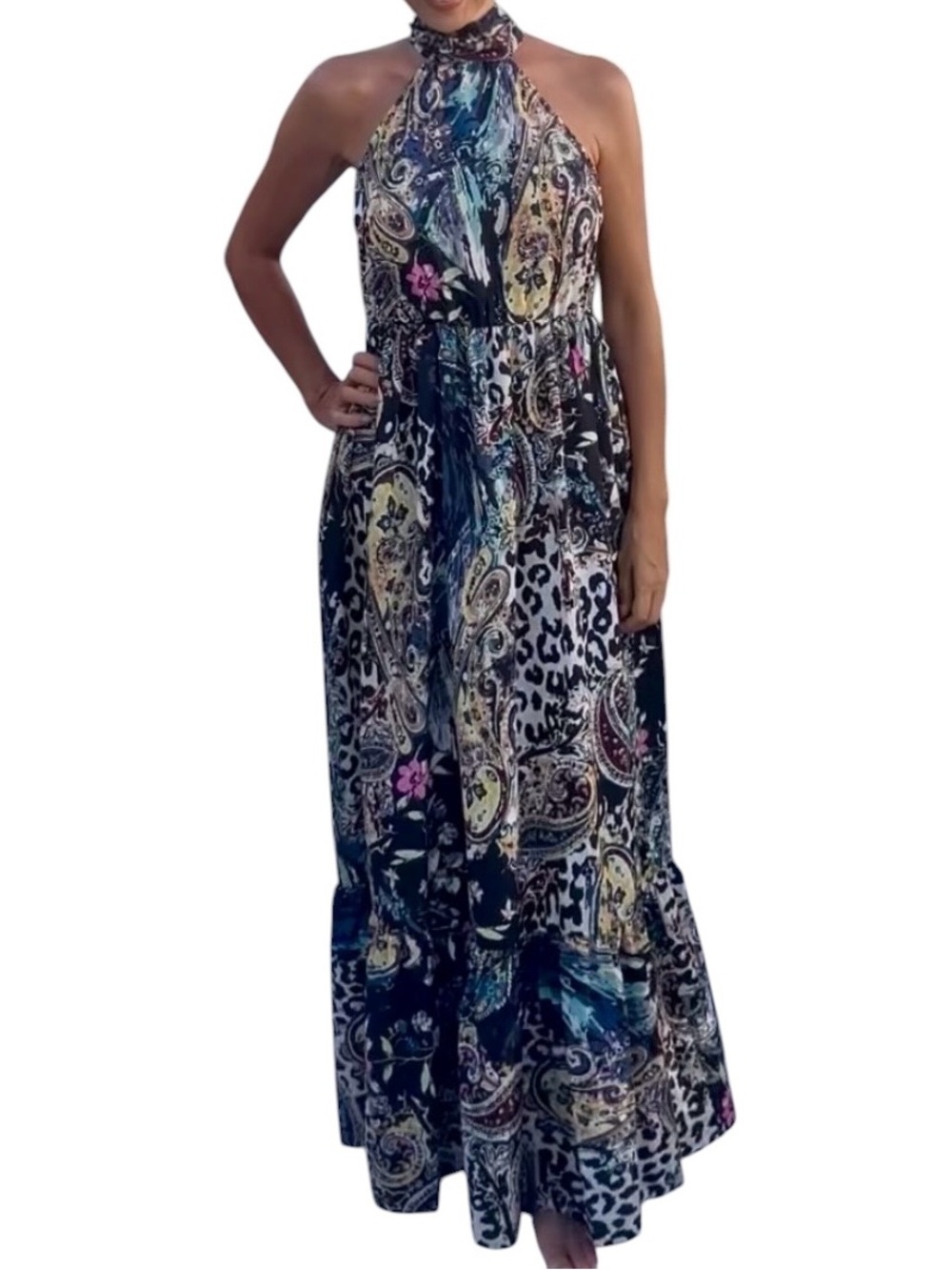 Halter Neck Paisley Maxi Dress in Multi-Color